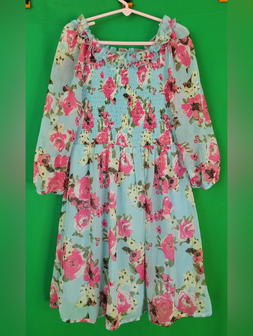 Girls Floral Smocked Dress Chiffon Light Blue Pink Lilt Sz 8 7/8 Church Formal